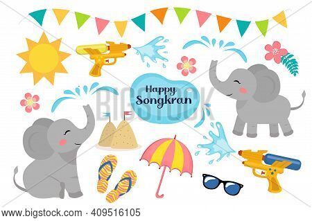 Songkran Festival In Thailand Objects Set. Collection Of Design Elements With Elephant, Water Gun, S