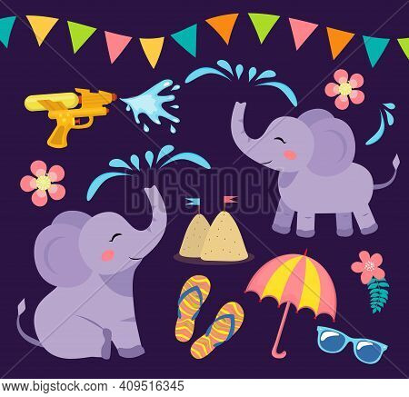 Songkran Festival In Thailand Objects Set. Collection Of Design Elements With Elephant, Water Gun, S
