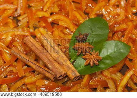 Candied Orange Peel And Spices. Succade Is Candied Orange Peel, Lemon Leaves, Cinnamon And Star Anis