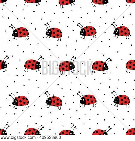 Ladybugs Seamless Vector Pattern. Flat Red Ladybugs On White Repeating Background With Black Spots. 