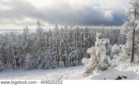 Panoramic Winter Landscape, View Of Cakova Vyhlidka Viewpoint At Fields, Forest, Villages And Snowy 