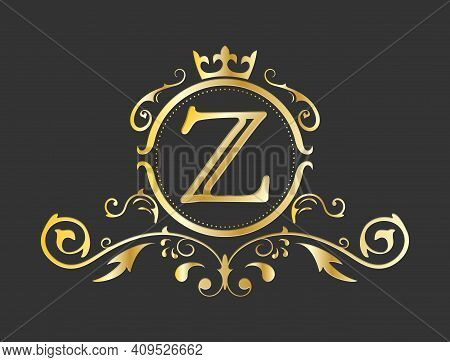 Golden Stylized Letter Z Of The Latin Alphabet. Monogram Template With Ornament And Crown For Design