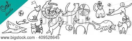Hand Drawn Cats Doodle Playing With Balls And Flags