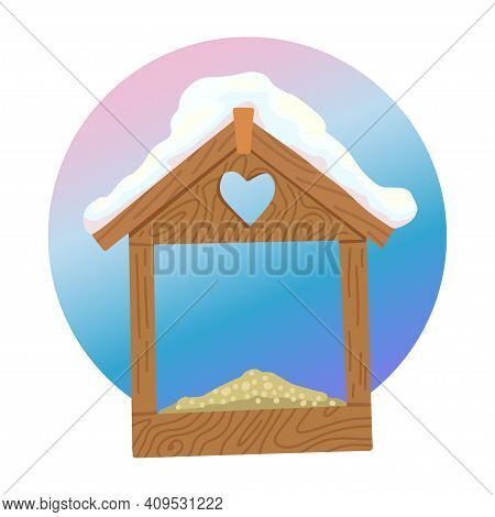 Bird House, Nesting Box. Wooden Bird House With Food And Snow On The Roof. Tree House In The Forest.