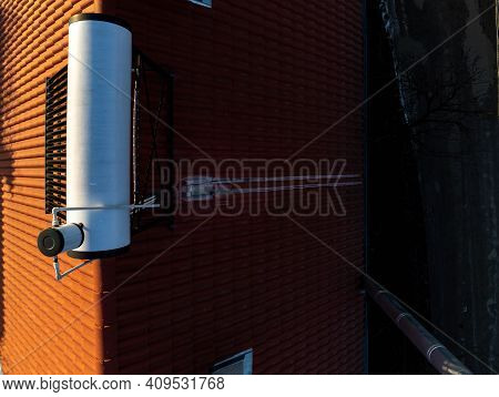Top Down Aerial Drone View, Solar Water Heater Boiler On Rooftop.