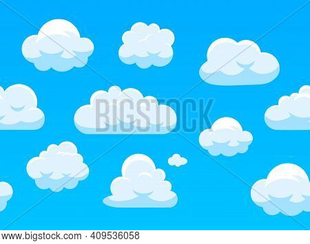 Seamless Sky With White Clouds. Cartoon Blue Skyscape Border For Computer Game. Fluffy Clouds, Brigh