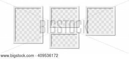 White Picture Frames. Empty Gray Simple Image Square Border With Shadow On Gallery Wall. Isolated Ph