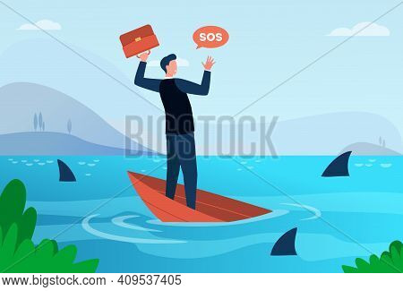 Businessman Going Through Financial Crisis And Bankruptcy Metaphor. Man On Sinking Boat In Sea With 