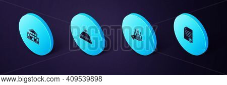 Set Isometric House Contract, Skyscraper, Hotel Service Bell And Icon. Vector