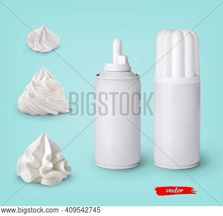 Set Of Whipped Cream Swirls And Whipped Cream Cans On Blue Background. 3d Realistic Vector Illustrat