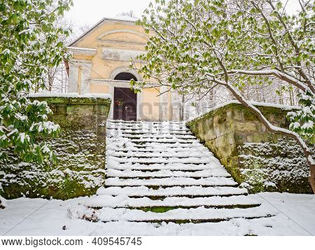 The Calvary Church And Station Cross Chapel Near Cvikov, Czech Republic. Winter Season With Snow Cov