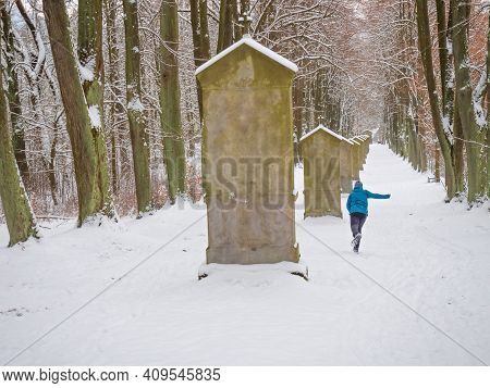 Boy Run At Calvary, Paints Stations Of The Cross In Park. Popular Saint Hill Near Cvikov, Czechia. W