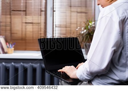 Cropped Photo Of Female Student, Interview Employment Concept. Mock Up Aptop, Online Video Call, Pre