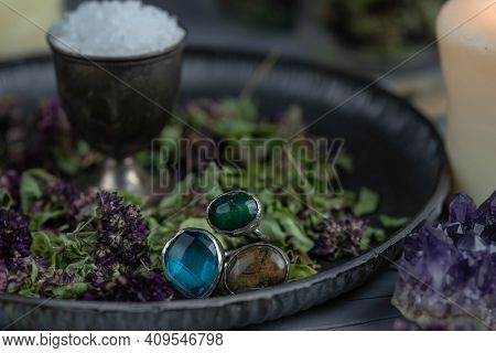 Magic Altar With Mystical Herbs, Salt, Candles And Crystals. Witch Sanctuary Sacred Esoteric Concept