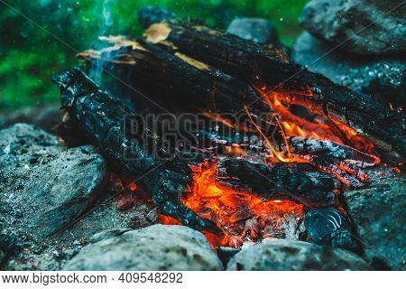 Vivid Smoldered Firewoods Burned In Fire Close-up. Atmospheric Warm Background With Orange Flame Of 