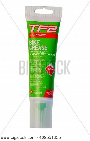 Krasnodar, Russia - February 12, 2021: A Tube Of Teflon Bicycle Grease Insulated On A White Backgrou