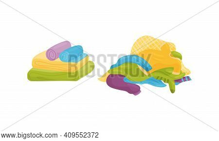 Pile Of Dirty Clothing And Neatly Folded Clean Laundry Vector Set