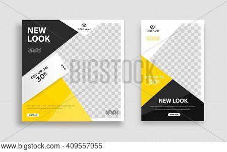 Set Of Editable Minimal Square Banner Template. Blue Yellow White Background Color With Geometric Sh