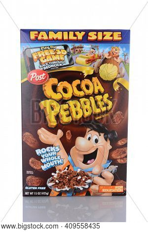 IRVINE, CA - January 29, 2014: A 15 oz box of Cocoa Pebbles breakfast cereal. The chocolate flavored crisp rice cereal bits is the oldest cereal brand based on characters from a TV series.