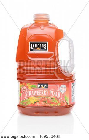 IRVINE, CA - SEPTEMBER 12, 2014: A bottle of Langer's Strawberry Peach Juice. The family owned company has been making fruit juices since 1960 in the City of Industry, CA.