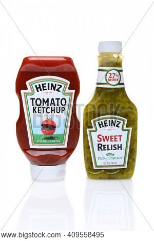 IRVINE, CA - SEPTEMBER 08, 2014: Bottles of Heinz Ketchup and Relish.  The H. J. Heinz Company manufactures thousands of food products is sold in over 200 countries.