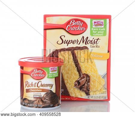 IRVINE, CA - January 05, 2014: Betty Crocker Super Moist Cake Mix and Frosting. One box of Yellow Cake Mix and a can of ready to spread Rich and Creamy Chocolate Frosting.