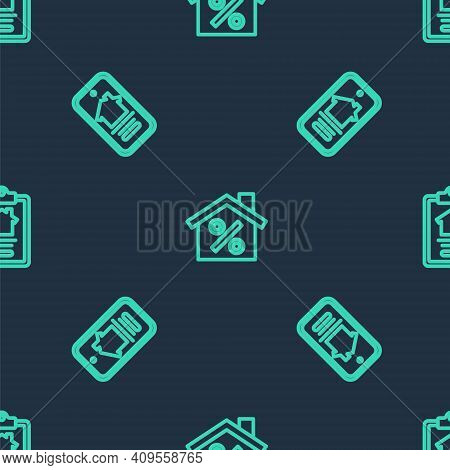 Set Line House With Percant Discount, Online Real Estate House And Contract On Seamless Pattern. Vec