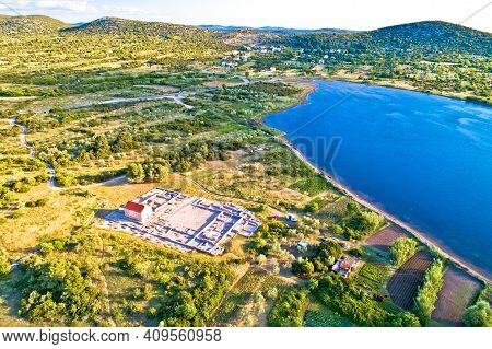 Pirovac. Ivinj Archeological Site With Saint Martin Church Aerial View, Dalmatia Region Of Croatia