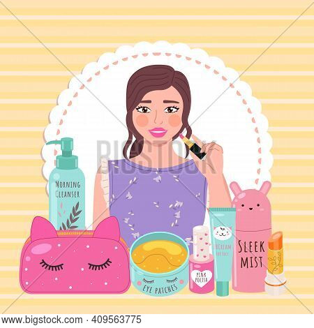 Beautiful Girl Makes Look And Does Makeup, Looks After Beauty And Paints Lips On Yellow Background. 