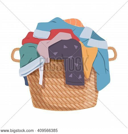 Dirty Clothes. Apparel Heap With Stains In Basket, Different Soiled Smelly Pile Of Fabric Old Shorts