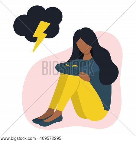 Black Woman In Bad Mood Concept: Anxiety, Sadness, Loneliness, Depression, Stress. Sitting Black Wom