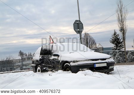 Abandoned Car In The Ditch After The Traffic Accident. The Driver Didn´t Give Way To The Other Car. 