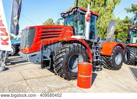 Samara, Russia - September 23, 2017: Modern Agricultural Wheeled Tractor Kirovets K9450 Exhibited At
