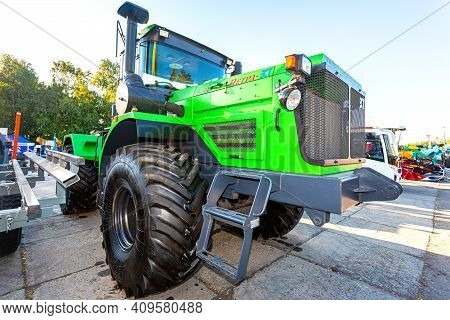 Samara, Russia - September 23, 2017: Large Modern Agricultural Wheeled Tractor Kirovets 714 Petra-zs