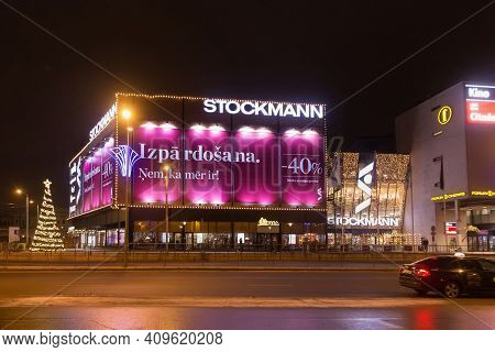 Riga, Latvia - January 14, 2018: Night Winter View Of The Stockmann Mall In Christmas Decorations In