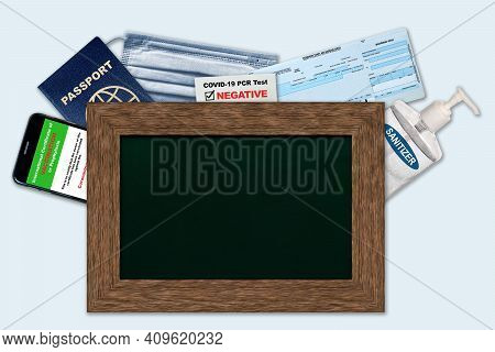 New Normal Travel Essentials During Covid-19 Restrictions With Chalkboard Copy Space. Smartphone Dig