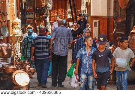 Fez, Morocco - May 31, 2017: Unknown People In Market In Medina Quarter Of Fez. The Medina Of Fez Is