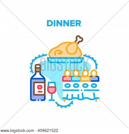 Dinner With Family At Table Vector Icon Concept. People Sitting At Desk Eating Fried Chicken, Turkey
