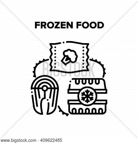 Frozen Food Vector Icon Concept. Fish Steak And Broccoli Vegetables In Bag, Container For Storaging 
