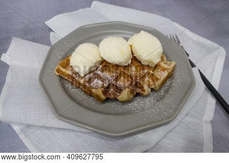 Freshly Croissant Waffle Called Croiffle. A Plain Croissant Baked In Waffle Machine.