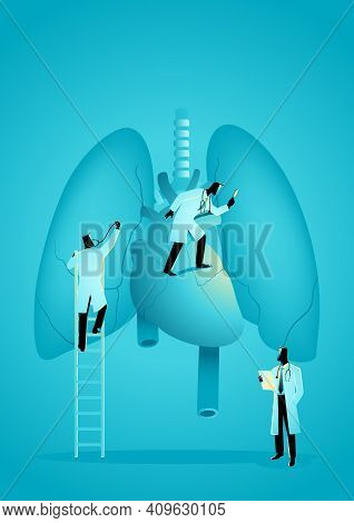 Vector Graphic Illustration Of Team Of Doctors Diagnose Human Lung And Heart. Pulmonologist Concept