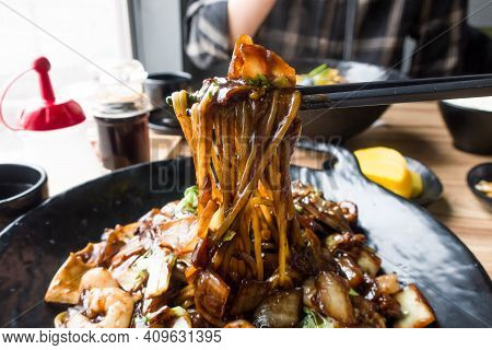 Korean Food Seafood Jajangmyeon, Black Soybean Sauce.