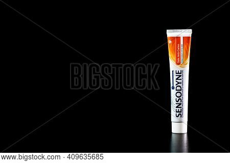 Sensodyne Toothpaste Tube On Black Background. Bucharest, Romania, 2021