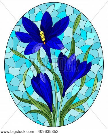 Illustration In Stained Glass Style With A Blue Hyacinth Flowers On A Blue Background, Oval Image