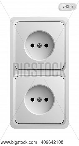 White Power Socket On Wall With Shadow, 3d Realistic Vector Illustration, Isolated On White Backgrou
