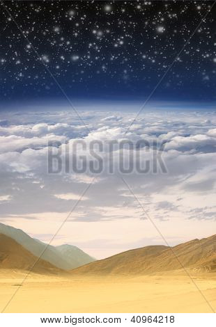 Collage: ørken, himlen, skyerne, stratosfæren og plads i et billede
