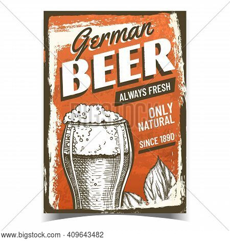 Beer German Alcohol Drink Advertise Banner Vector. Fresh Foamy Beer Glass Cup And Natural Hop Plant 