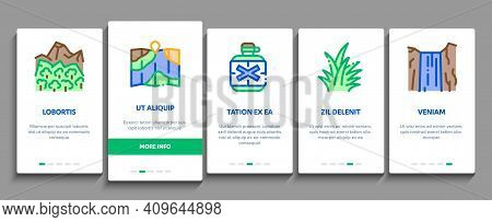 Jungle Tropical Forest Onboarding Mobile App Page Screen Vector. Jungle Tree And Animal, Waterfall A