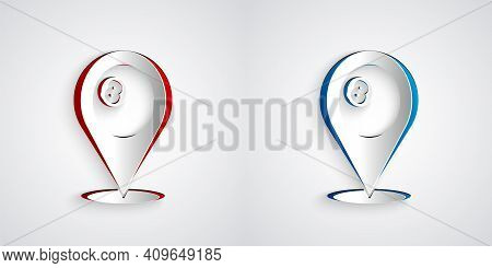 Paper Cut Map Pointer With Billiard Pool Snooker Ball With Number 8 Icon Isolated On Grey Background