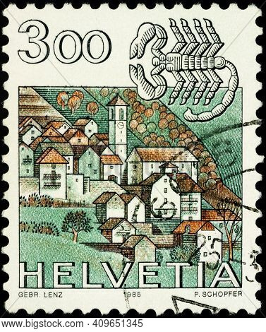 Moscow, Russia - February 22, 2021: Stamp Printed In Switzerland Shows Image Of Scorpio - Sign Of Zo